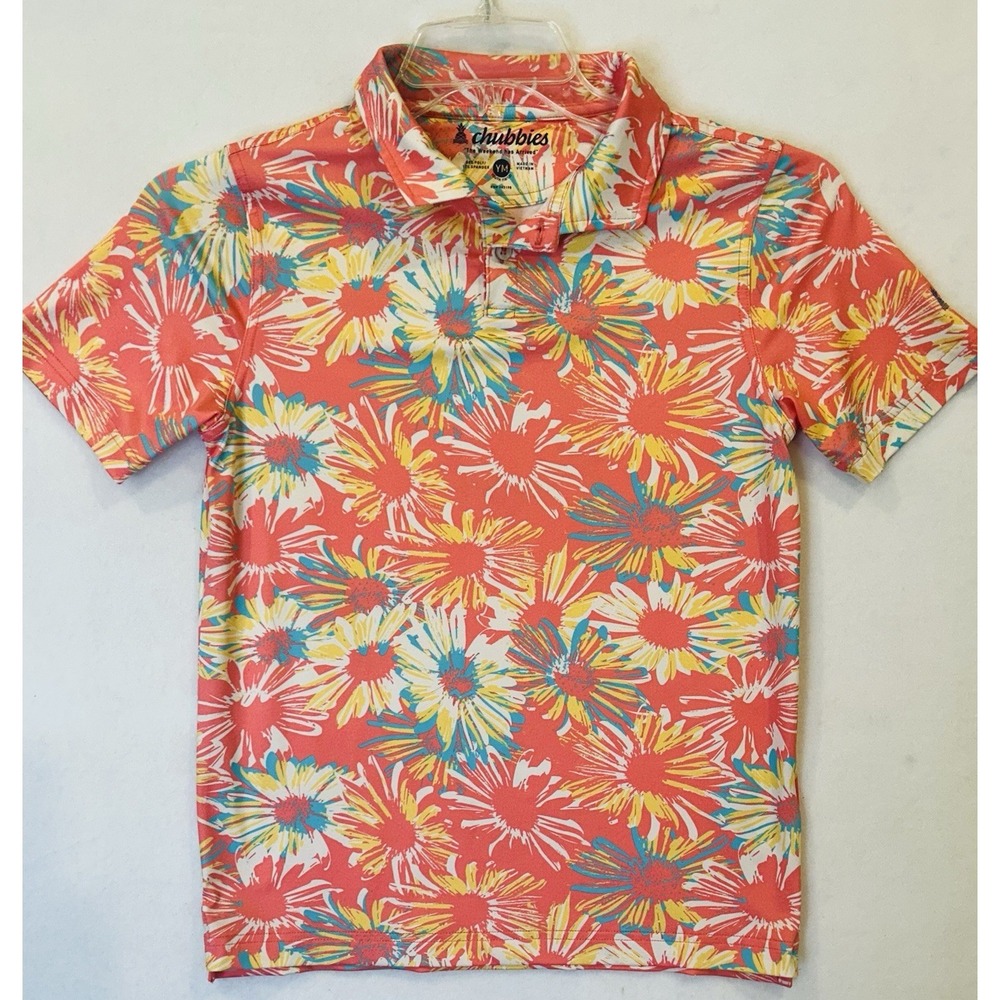 Chubbies Polo Shirt Youth Size M Coral Floral Golf Tropical Performance EUC